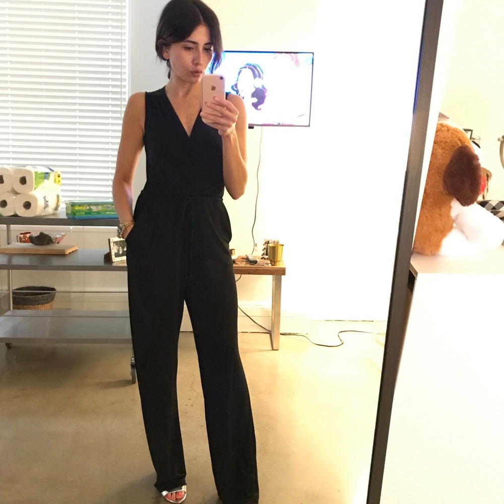 Black open back jersey pant suit